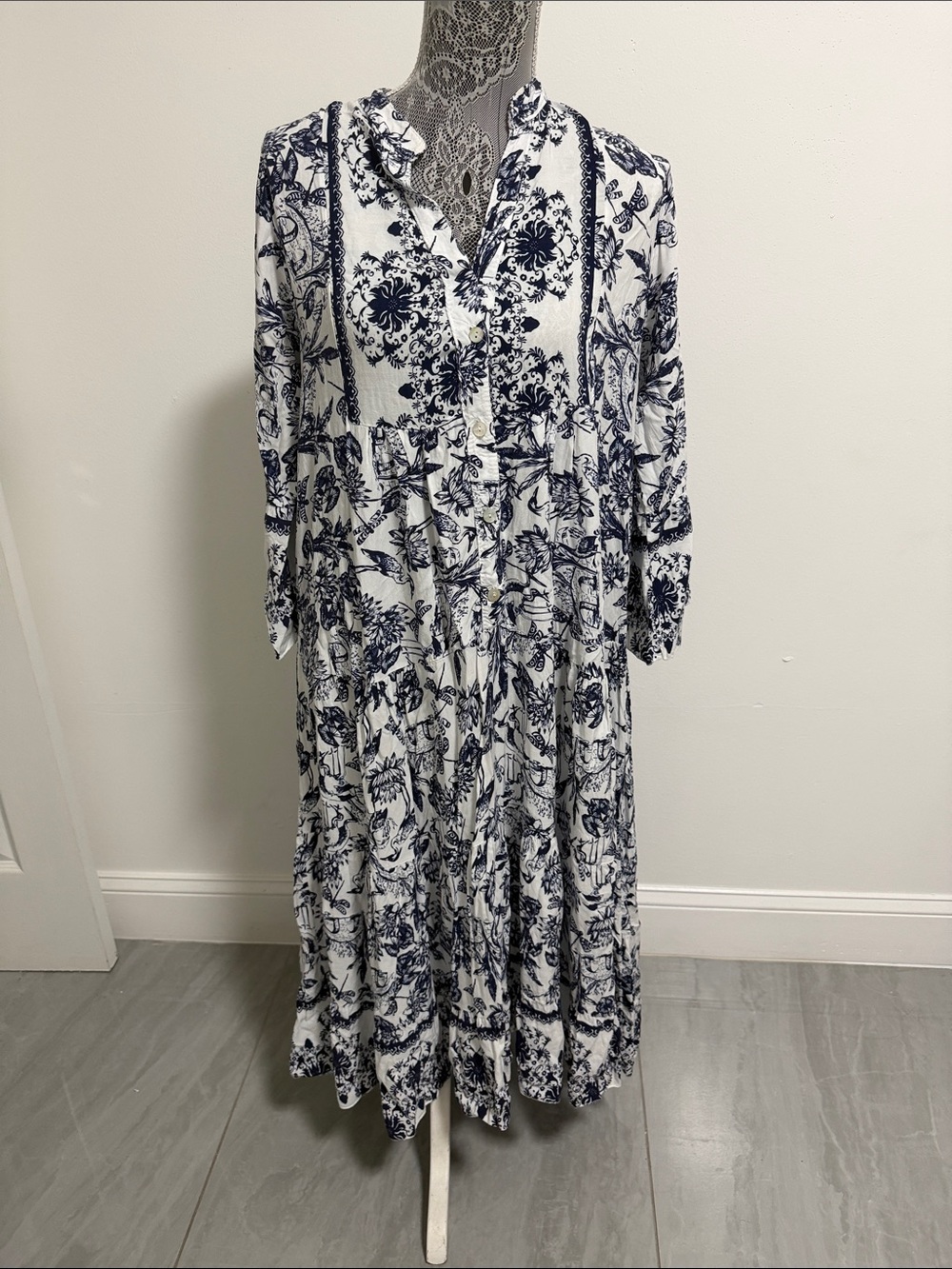 White and Navy Floral Maxi Dress - Relaxed Boho Style